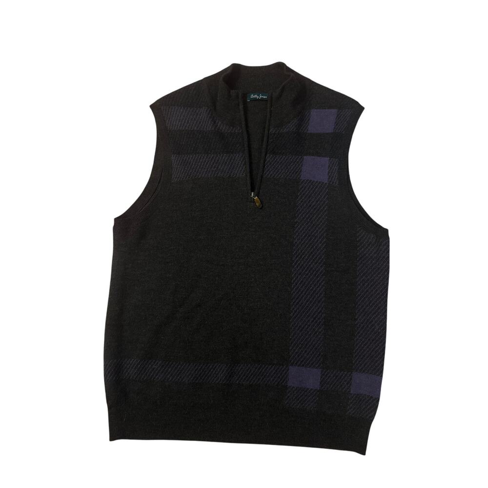 Men L Bobby Brown Gray Argyle Quarter Zip Sweater Vest 100% Merino Wool Golf